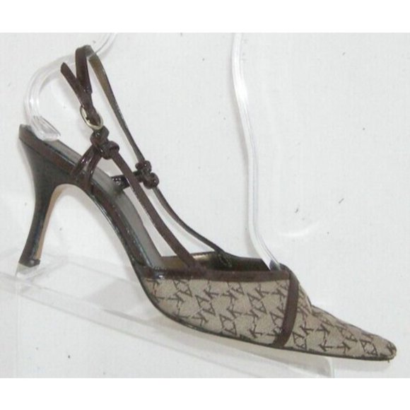 AK Anne Klein Finley logo print canvas buckle slingback heels 8.5M